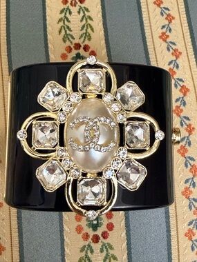 Black Bangle Bracelet with Pearl & Crystal Maltese Cross Accent